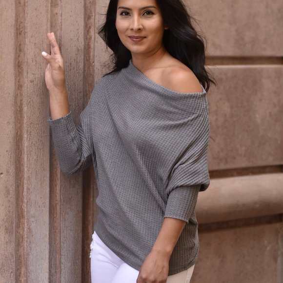 Grey Waffle Knit Off The Shoulder Top - Picture 3 of 4
